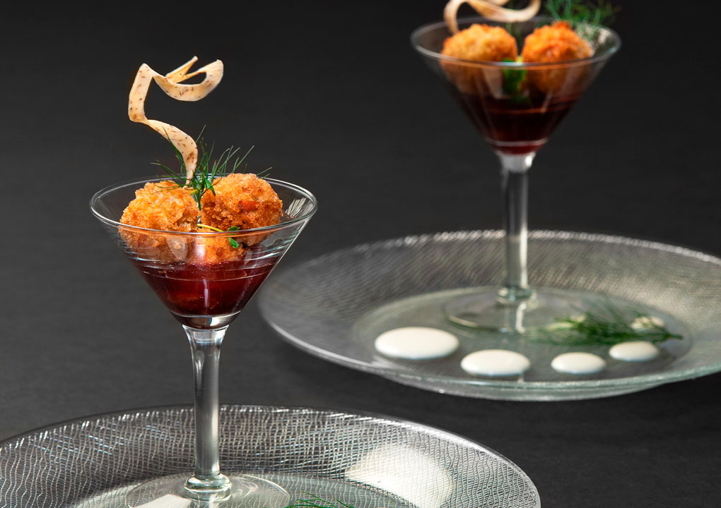 Perlas de Mariscos con salsa de Frambuesa